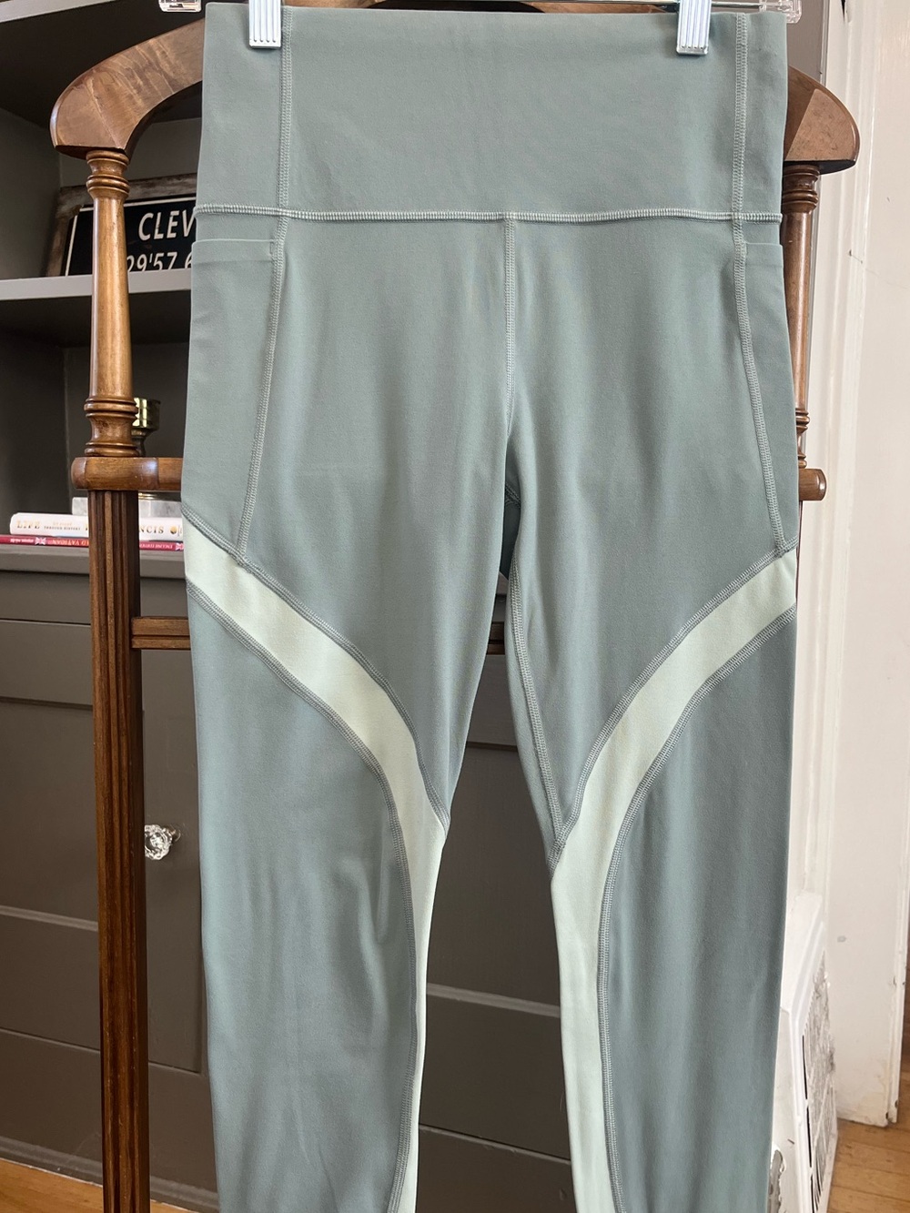 Athleta Sage Green Salutation Leggings with Light Green Panel